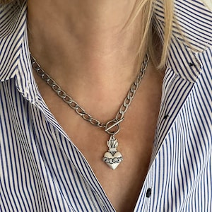 Sacred Heart Necklace, Silver Flaming Heart Pendant, Mexican Jewelry, Curb Chain Toggle Necklace, Birthday Gift For Her & Him