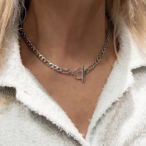 Silber Figaro Kette Toggle Halskette, Unisex Layered T-Bar Choker