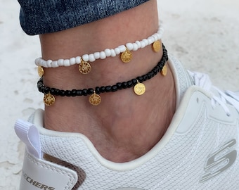 Handmade Beaded Anklet with Coin Charms in Black & White