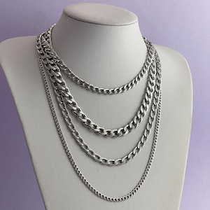 Stainless Steel Cuban Link Chain, Waterproof Silver Curb Necklace