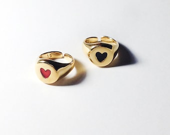 Heart Signet Ring, Chunky Adjustable Love Ring for Women, Pinky Finger Thick Chevalier in Gold Tone