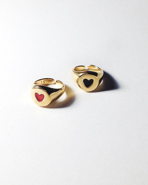 Heart Signet Ring, Chunky Adjustable Love Ring for Women, Pinky Finger Thick Chevalier in Gold Tone