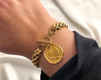 Gold Heart Coin Bracelet, Chunky Multilink Chain, Toggle Clasp Boho Jewelry