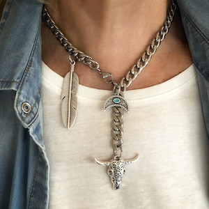Silver Multi Charm Necklace, Bull Skull Necklace, Western Jewelry, Feather, Longhorn Animal Skull Pendant, Statement Jewelry for Her & Him