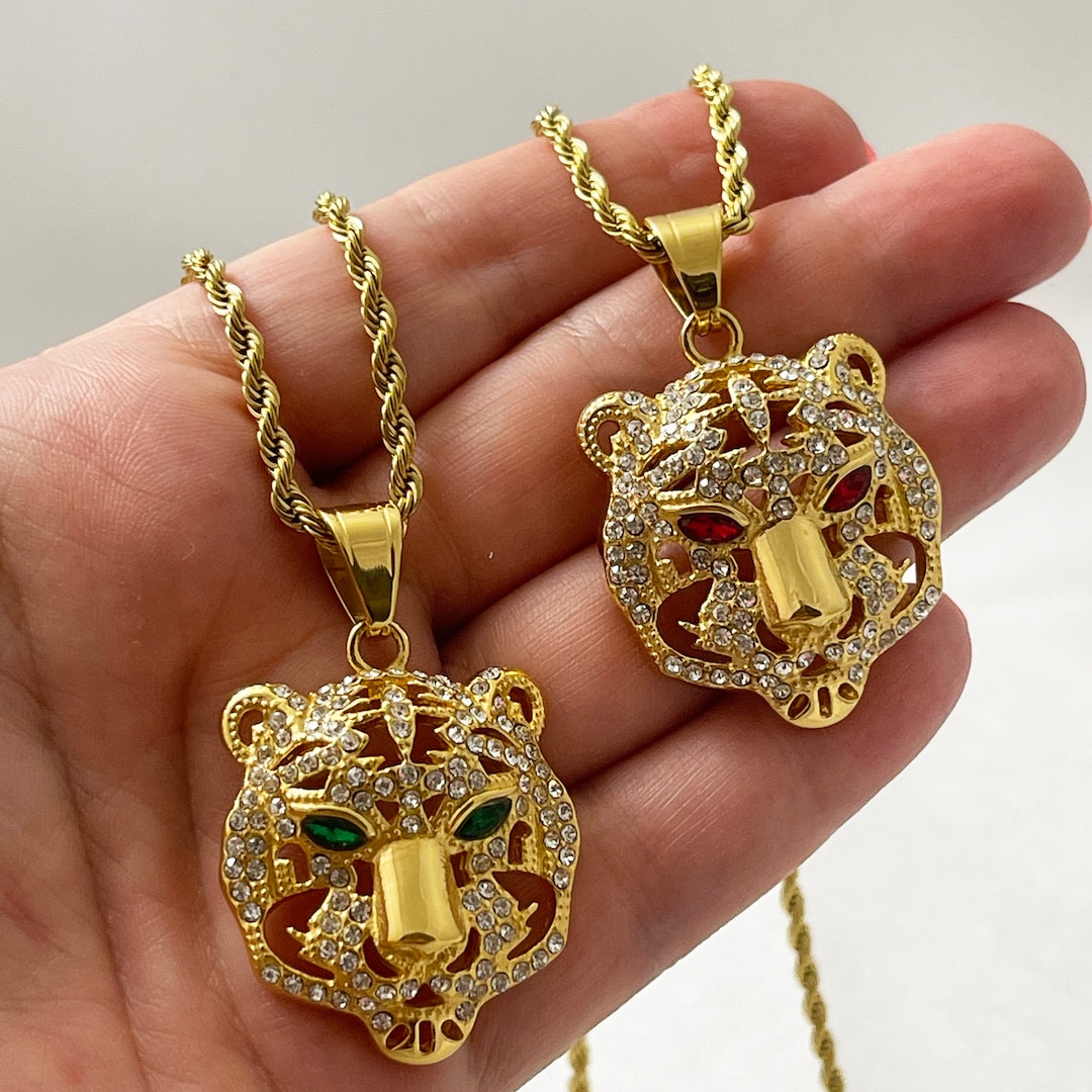 Gold Rope Chain Necklace Tiger Pendant, Pet Jewelry, Green Tiger Eye ...