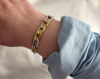 Two Tone Figaro Chain Bracelet, Chunky Gold Silver Stainless Steel
