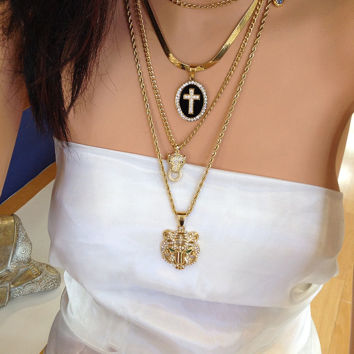 Gold Rope Chain Necklace Tiger Pendant, Pet Jewelry, Green Tiger Eye ...