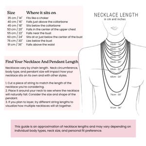 Op de afbeelding: Een diagram met kettinglengtes in cm en inches. Het toont hoe verschillende kettinglengtes, van 35 cm (14") tot 91 cm (36"), op het lichaam vallen. Bevat een gids over het meten van de ketting en waar elke lengte valt.