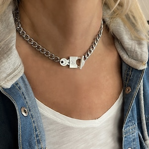 Silver Chunky Chain Padlock Necklace Toggle Choker Necklace Layering Key Lock Necklace Statement Link Chain Necklace Gift for Her Him Etsy