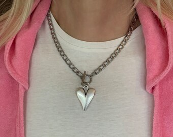 Silver Heart Pendant Necklace, Chunky Curb Chain Toggle Clasp