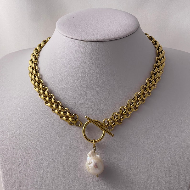 Gold Chunky Chain Necklace, Baroque Pearl Necklace, Thick Link Chain ...