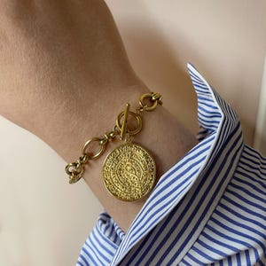 Phaistos Disc Charm Bracelet, Gold Link Chain Bracelet, Ancient Greek Coin Jewelry, Vintage Style Chunky Bracelet, Christmas Gift For Her