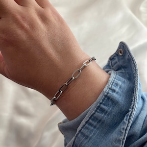 Silver Link Chain Bracelet by YouRock Jewels, Rectangle Link Bracelet, WATERPROOF Jewelry, Paperclip Bracelet, Minimalist Father&#39;s Day Gift