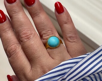 Turquoise Vintage Style Ring, Gold Tone Adjustable Boho Jewelry