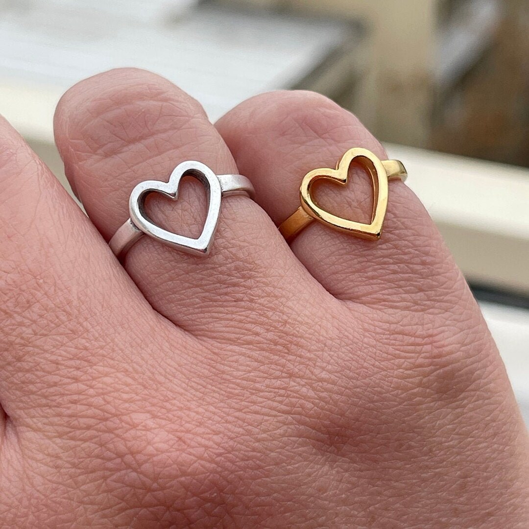 Dainty Open Heart Adjustable Ring Gold Heart Ring Silver Heart Ring ...