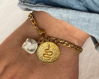 Gold Snake Coin Charm Bracelet, MOP Shell, Figaro Chain