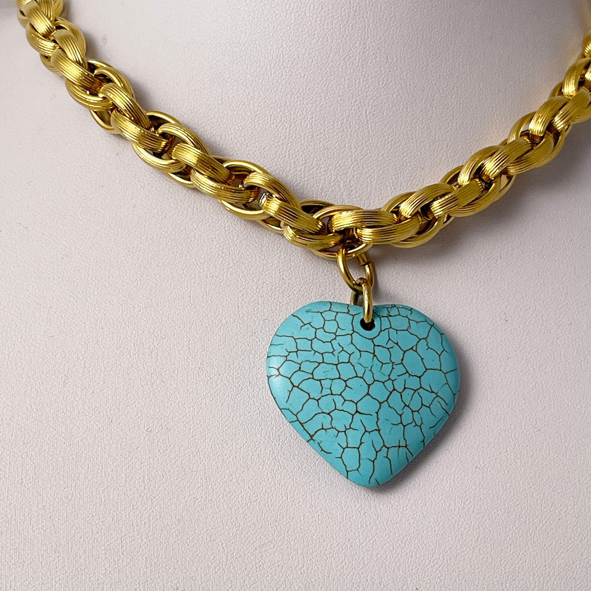 Turquoise Heart Necklace, Large Heart Pendant Necklace, Gold