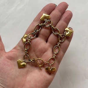 Gold Chunky Chain Heart Charm Bracelet, Vintage Style Toggle Link