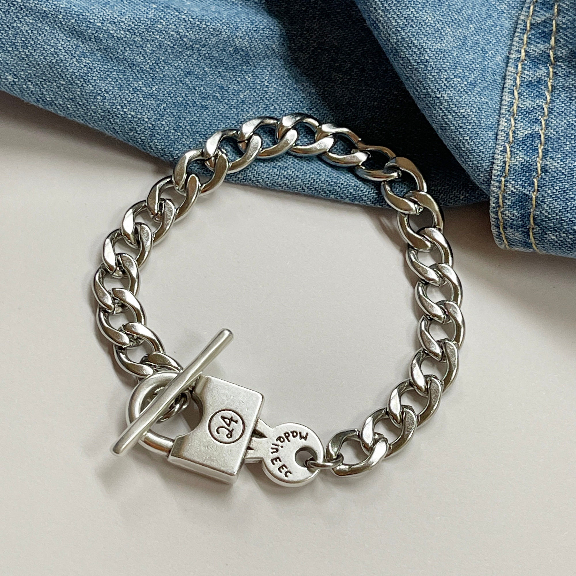Padlock Bracelet, Chunky Silver Bracelet, Cuban Link Chain