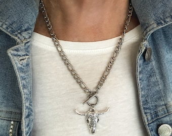 Stier-schedelketting, esthetiek kustveedrijfster, westerse sieraden, Longhorn zilveren hanger, boho dikke ketting cadeau voor haar en hem