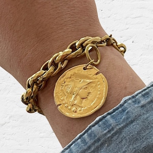 Coin Charm Bracelet, Gold Chunky Chain Bracelet Stack, Ancient Style Athena Goddess, Greek Mythology, Aesthetic Jewelry, Gift For Her