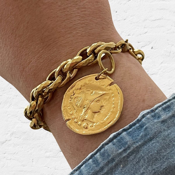 Coin Charm Bracelet, Gold Chunky Chain Bracelet Stack, Ancient Style Athena Goddess, Greek Mythology, Aesthetic Jewelry, Gift For Her