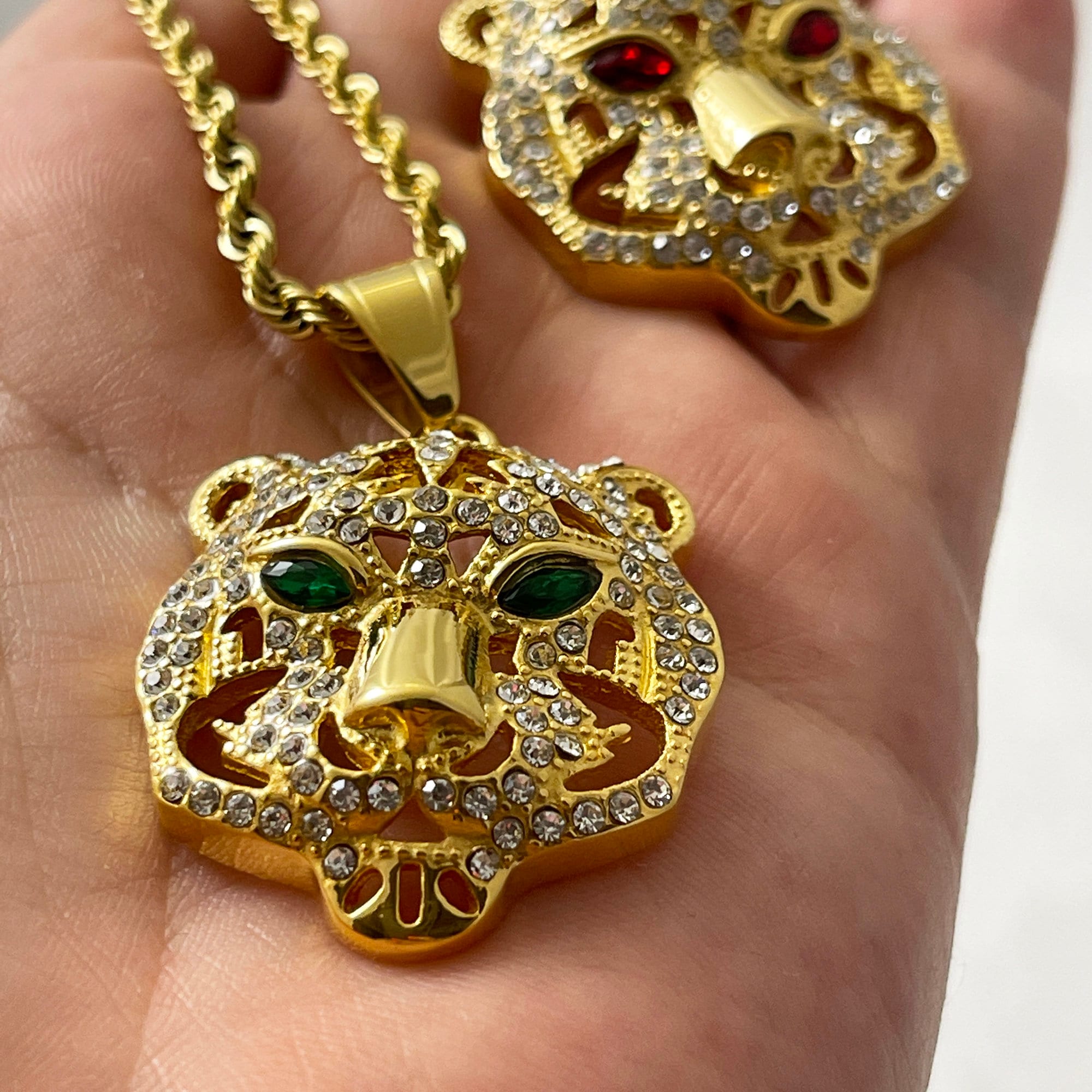 Gold Rope Chain Necklace Tiger Pendant, Pet Jewelry, Green Tiger Eye ...