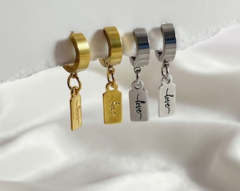 Love Tag Hoop Earrings, Gold Dangle Charm Earrings
