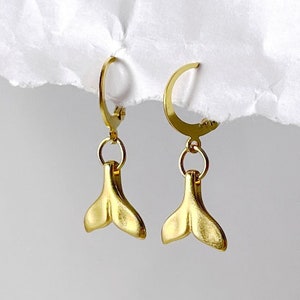 Whale Tail Gold Earrings, Mermaid Earrings, Surfer Jewelry, Fish Tail Dangle Earrings, Boho Ocean Jewelry, Summer Earrings Gift For Her, Him