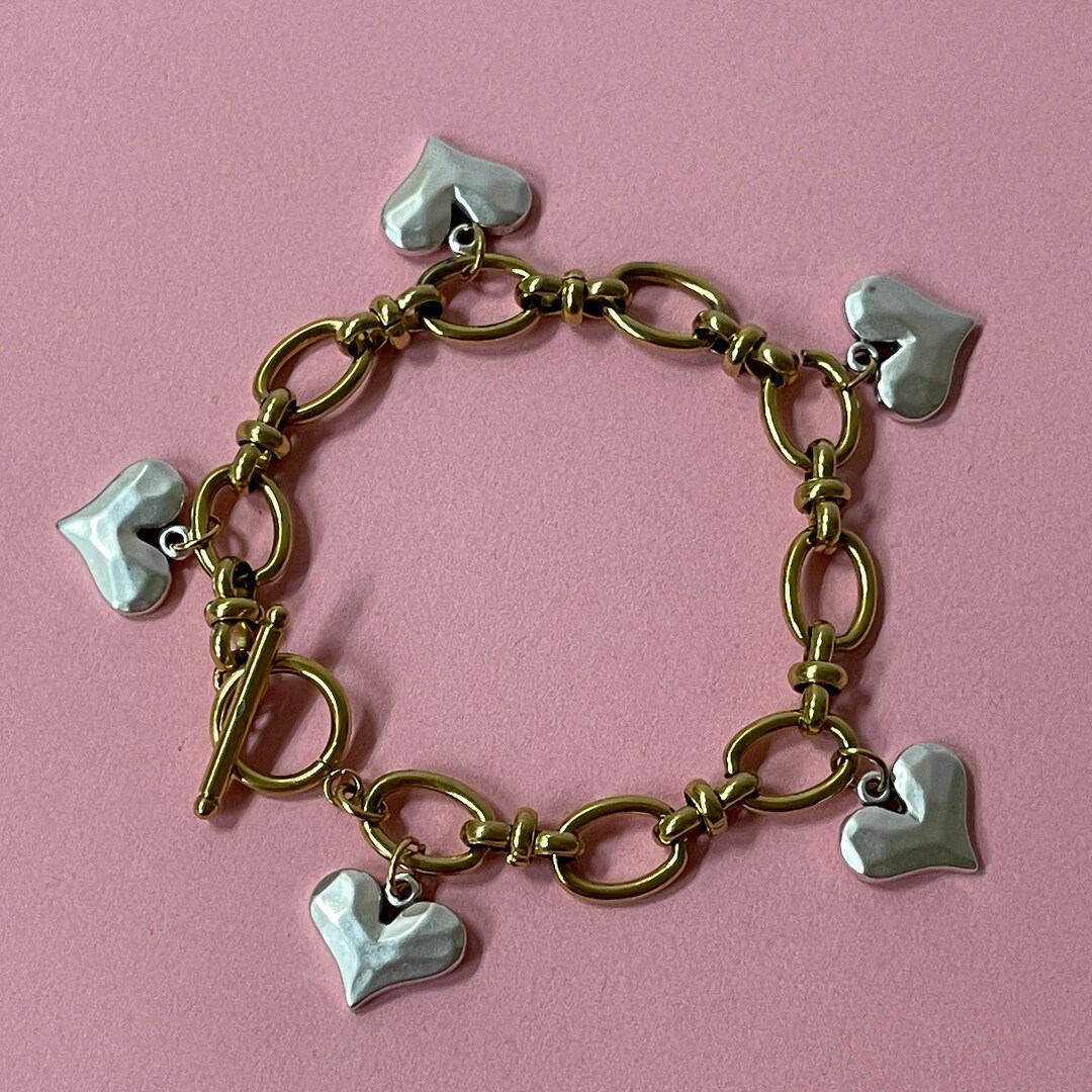 Heart Charm Bracelet Chain Link Toggle Bracelet Silver Heart Etsy