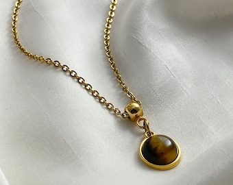 Tiger Eye Pendant Necklace, 18K Gold Minimalist Gemstone Jewelry