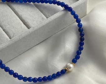 Collar de cuentas de ágata azul, perlas de agua dulce, joyería de piedras preciosas