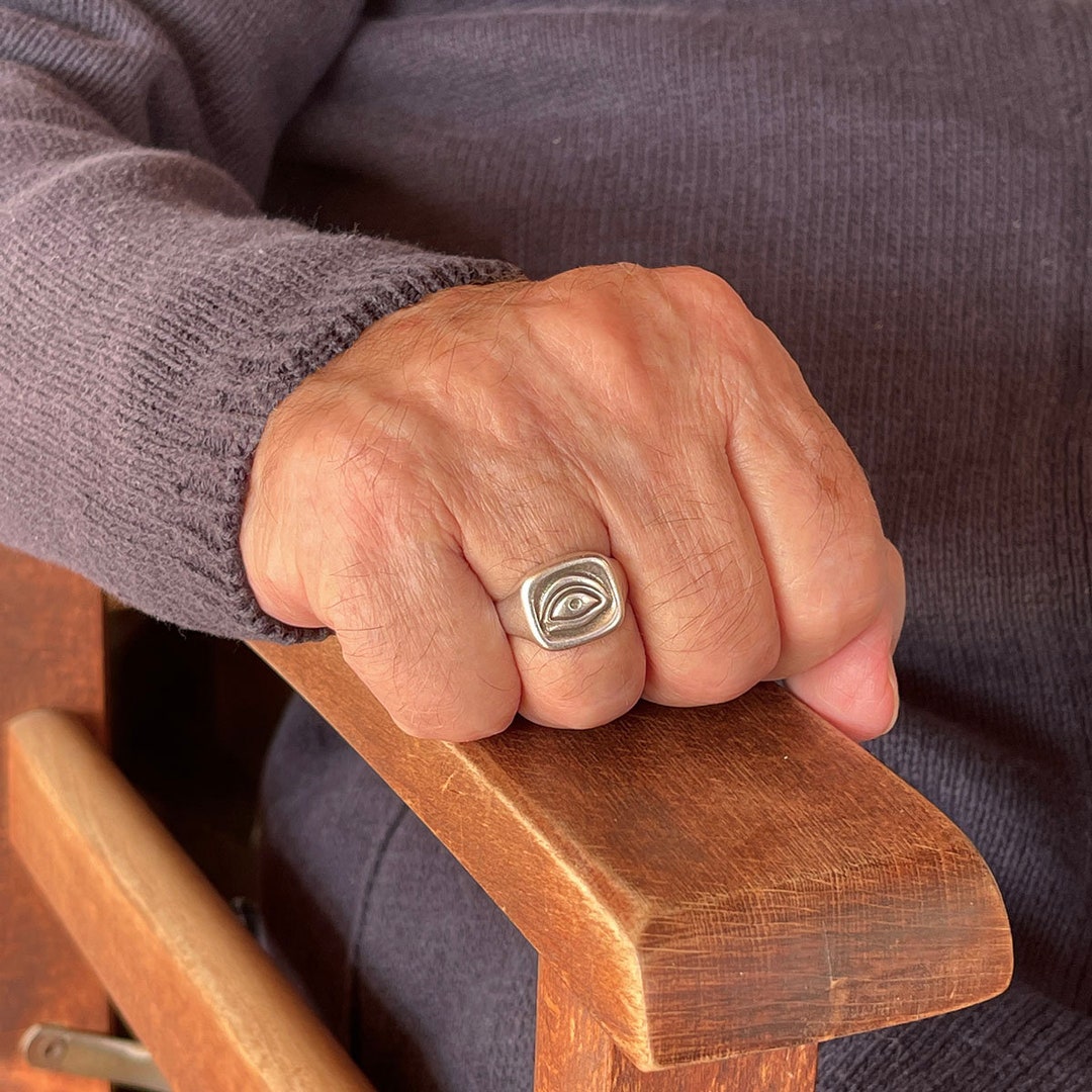 Mens Evil Eye Pinky Ring, Silver Eye Protection Ring, Adjustable Ring