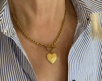 Toggle-sluiting ketting, hart bedel Figaro-ketting, gouden toggle choker ketting, stapelketting, hart hanger, kerstcadeau voor haar