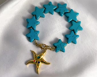 Turquoise Star Beaded Bracelet, Gold Starfish Charm, Summer Jewelry