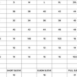 May include: A black and white garment size chart table with columns for sizes XS through 4XL. Rows list measurements for chest, waist, hip, shoulder, sleeve round, and yoke length in inches, plus gown length options for short, elbow, and full sleeves.