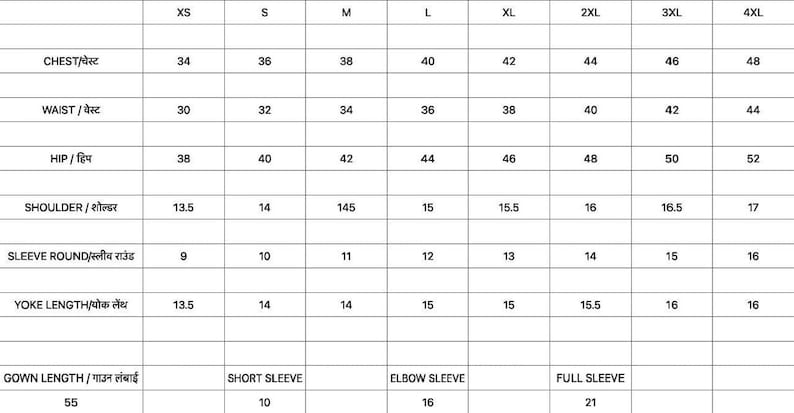 May include: A black and white garment size chart table with columns for sizes XS through 4XL. Rows list measurements for chest, waist, hip, shoulder, sleeve round, and yoke length in inches, plus gown length options for short, elbow, and full sleeves.
