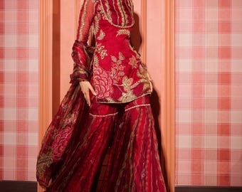 Exclusive 3-Piece Short Kurti Sharara Set with Dupatta | Sequin Embroidery & Real Mirror Work.