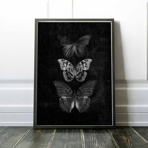 Printable Butterfly Art Black & White Art Goth Wall Art Dark Prints Steampunk Wall Decor Dark Botanical Gothic Prints Instant Download Art