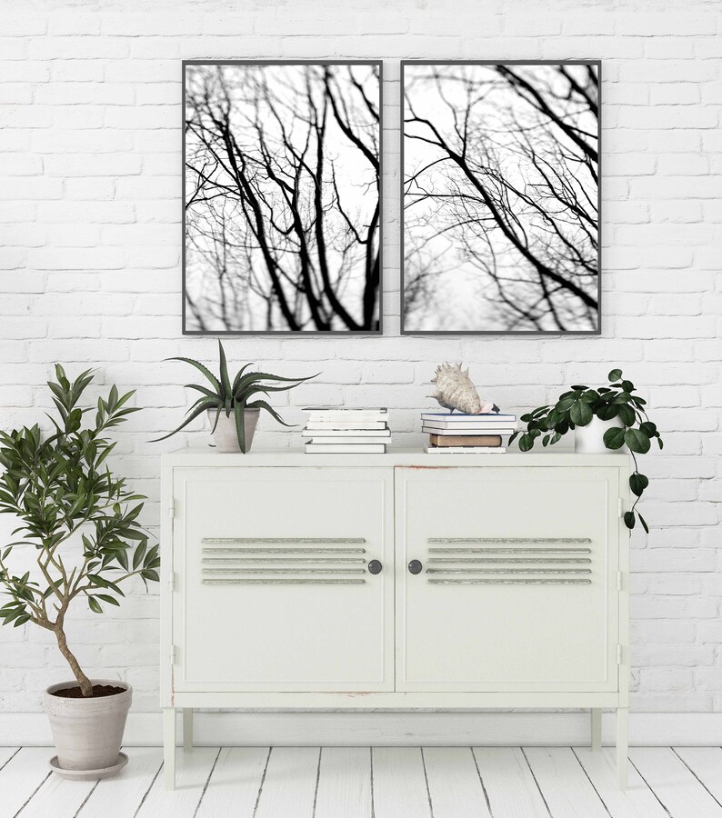 Black White Tree Wall Art Set of 2 Landscape Prints Forest Etsy