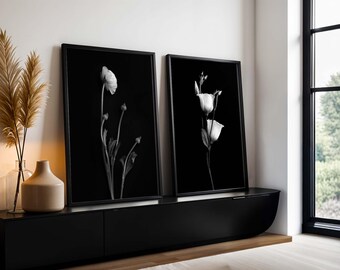 Set of 2 Black and White Floral Photographic Art Prints