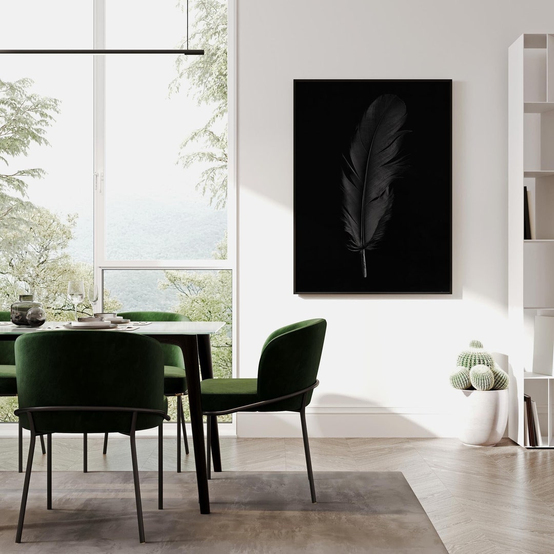 Black White Feather Wall Art Dark Prints Minimalist Feather Etsy