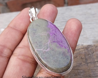 Purpurite Gemstone Pendant: Oval Purple 925 Sterling Silver Necklace