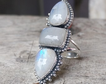 Mondstein Ring: Sterling Silber 3-Stein Handgefertigtes Design