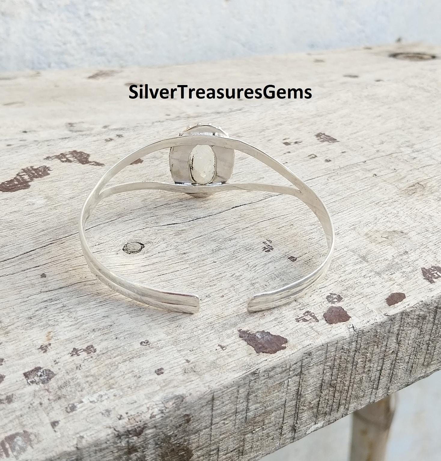 Bracelet Manchette En Argent Sterling 925 Avec Onyx Noir Et Pierre De Lune - Fait Main En Inde