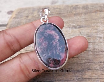 Rhodonite Gemstone Pendant: Handmade 925 Sterling Silver Necklace