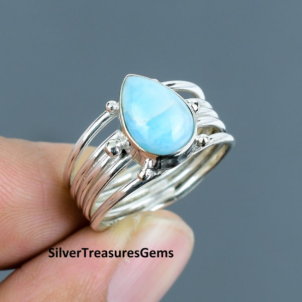 Oceanic Splendor Larimar Gemstone 925 Sterling Silver Ring Handcrafted Jewelry Simple Ring With Blue Stone Jewelry Mother's Day Gift for Her