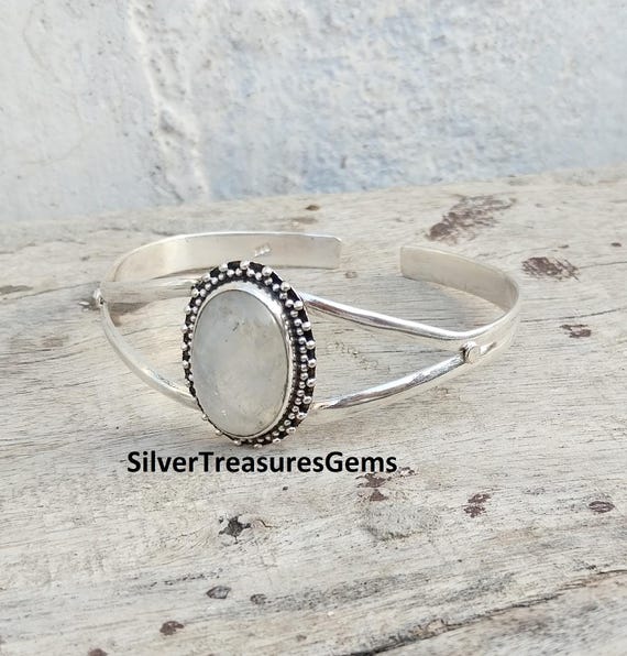 Bracelet Manchette En Argent Sterling 925 Avec Onyx Noir Et Pierre De Lune - Fait Main En Inde