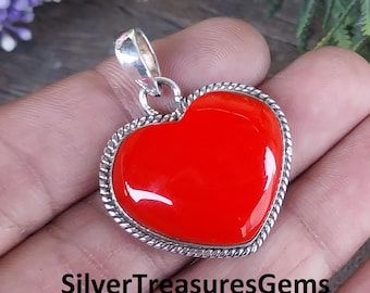 Coral Gemstone Heart Shape Pendant Handmade 925 Sterling Silver Jewelry