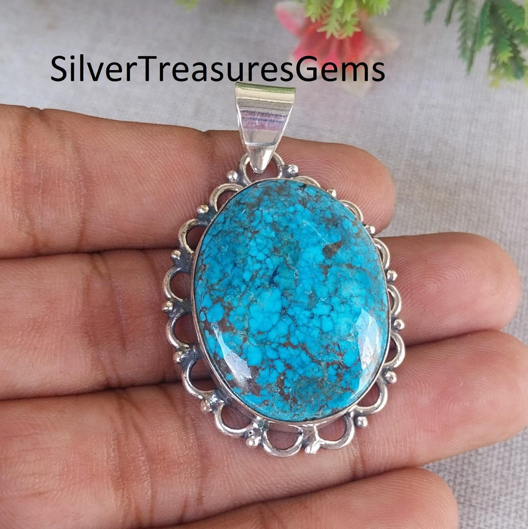 Blue Copper Turquoise Pendant, Handmade Sterling Silver Necklace